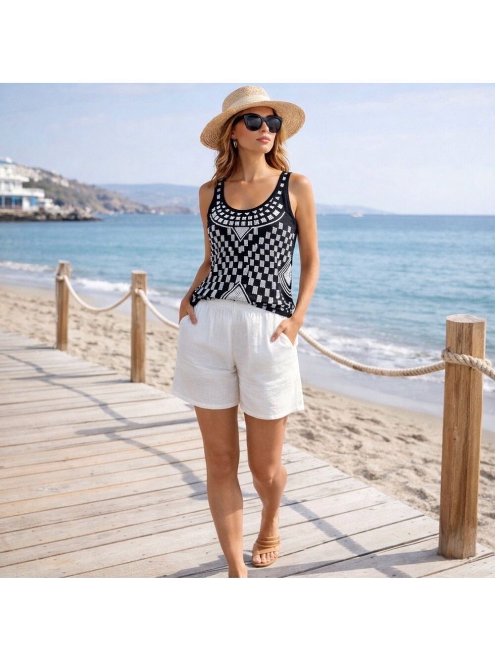 ADRIENNE VITTADINI BLACK & WHITE GEOMETRIC TANK TOP SIZE MEDIUM